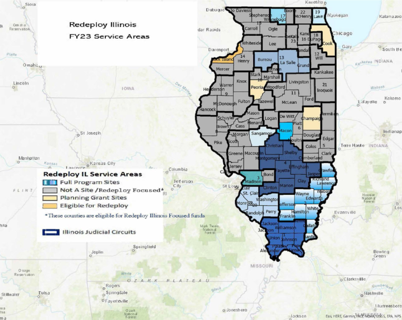 Redeploy Illinois FY23 service areas map of illinois